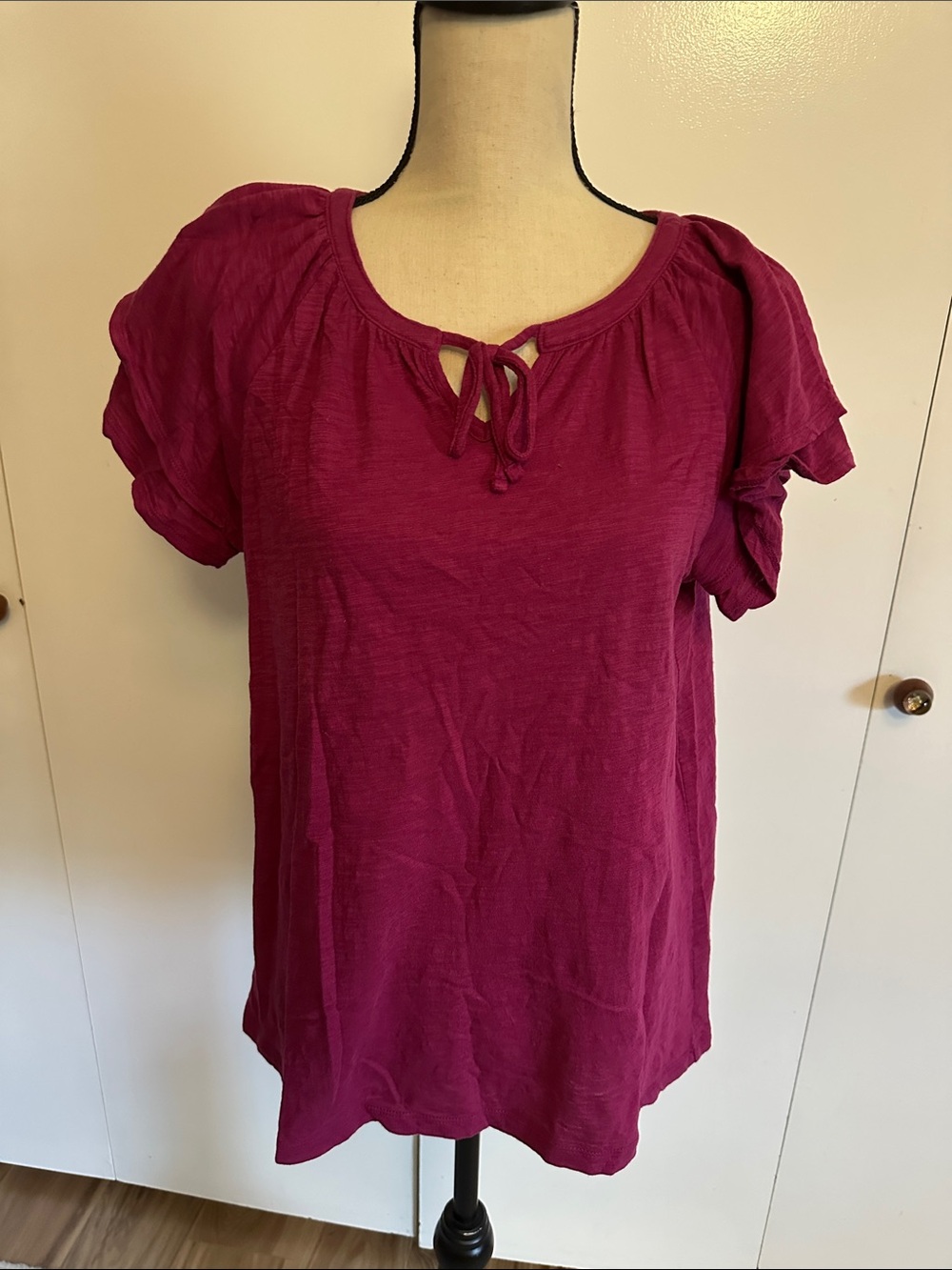 Time and Tru Raspberry Tie-Neck Ruffled Sleeve Blouse
